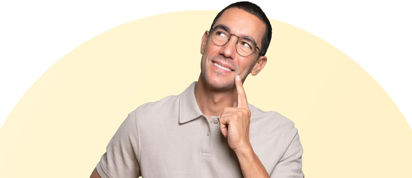 Man thinking about his use case and pointing up
