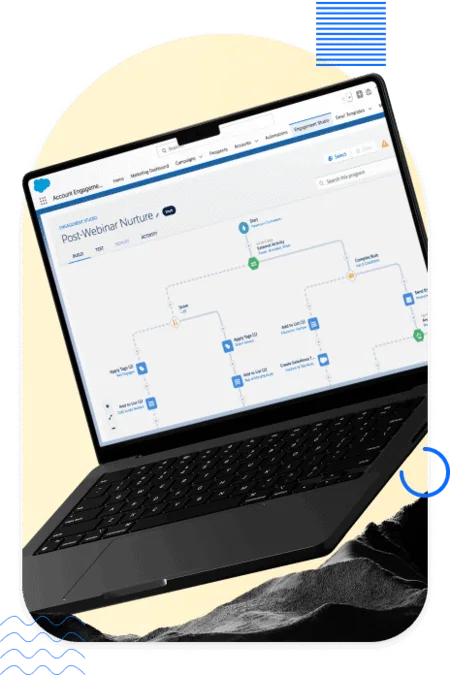 Open laptop showing a Pardot Engagement Studio workflow titled Post-Webinar Nurture