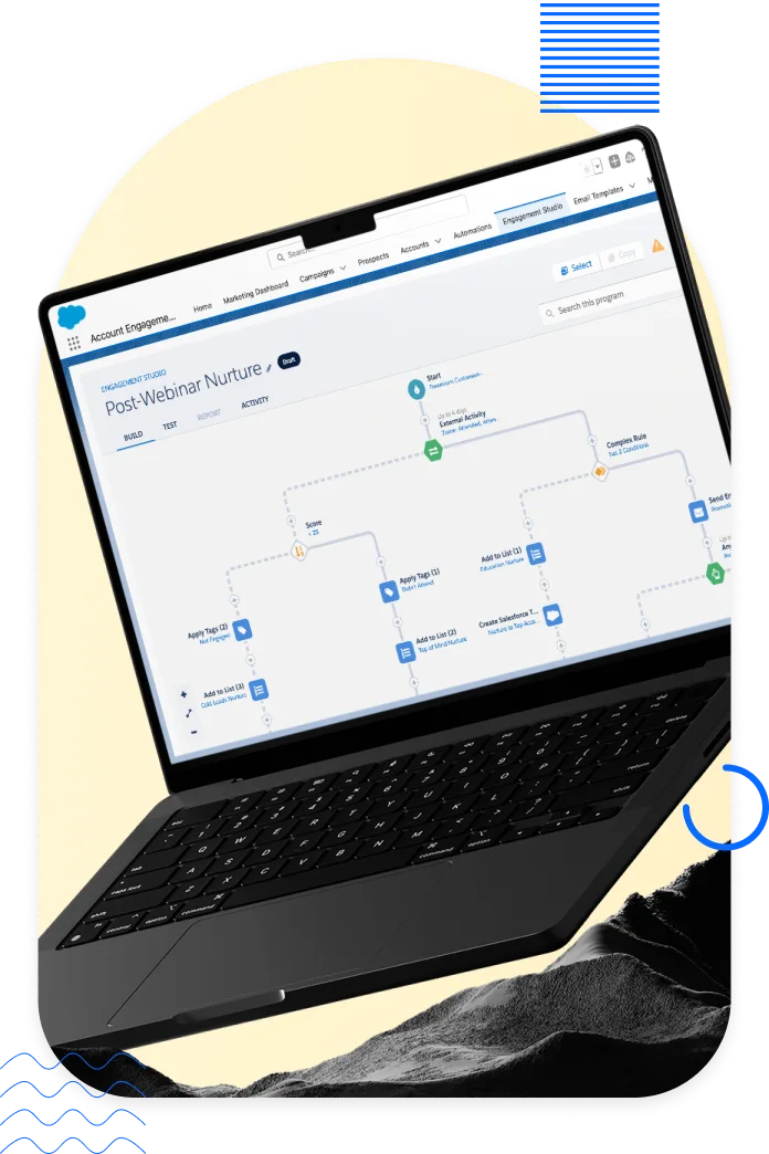 Open laptop showing a Pardot Engagement Studio workflow titled Post-Webinar Nurture