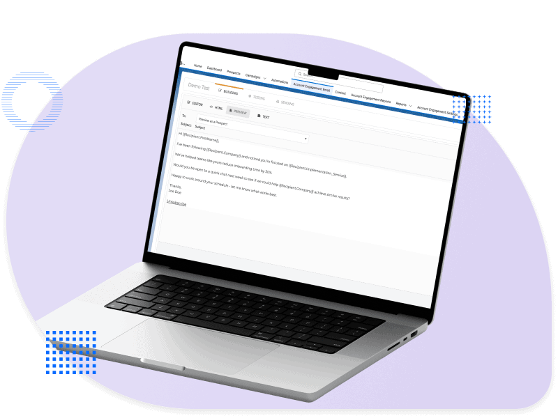 Laptop showing a plain-text email draft for an ABM campaign