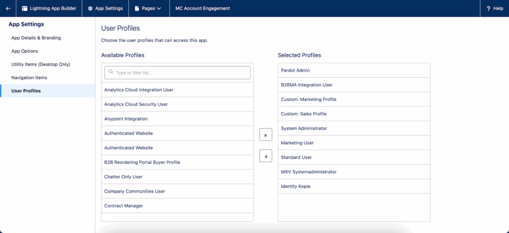 User profiles with access to the Account Engagement Lightning app in the Lightning App Builder