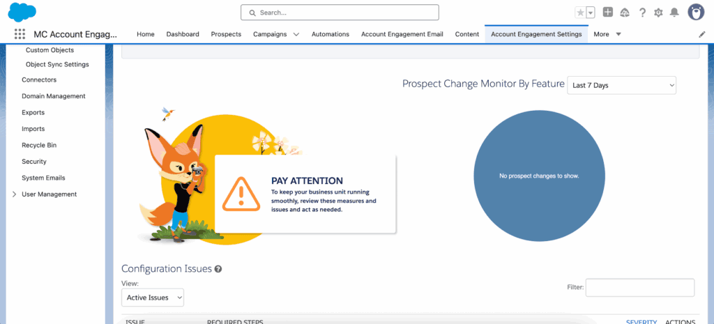 Der Account Engagement Optimizer mit Konfigurationsproblemen und dem Monitor für Prospect-Änderungen