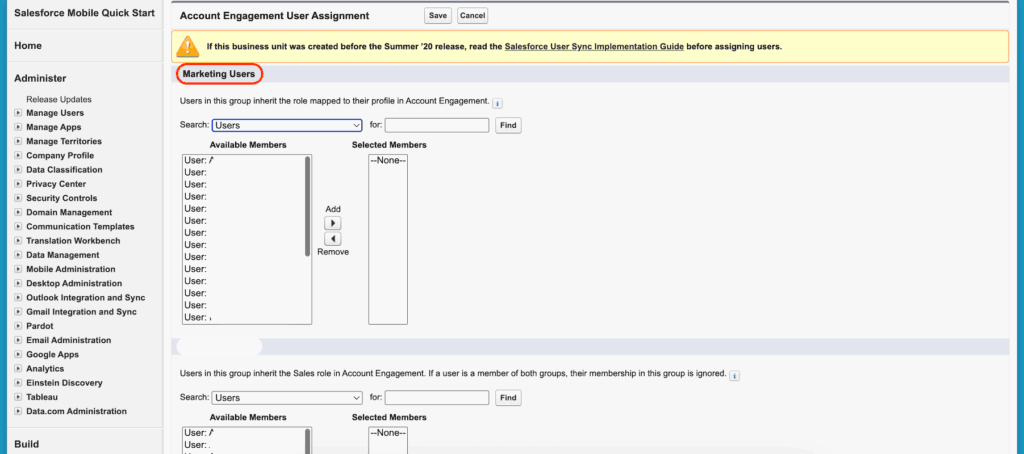 Account Engagement user assignment in Salesforce Setup, with the group Marketing Users highlighted
