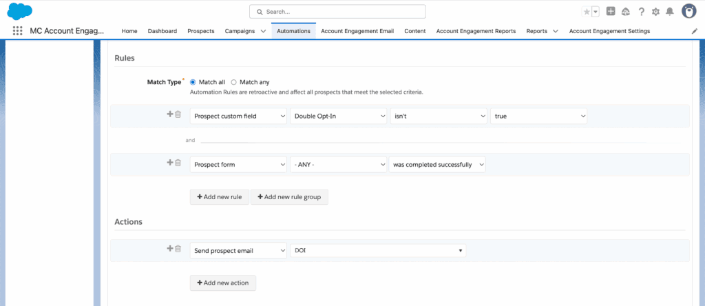 An automation rule that sends a double opt-in email to prospects who completed a form but haven’t confirmed yet