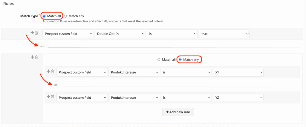 An automation rule with Match all for its rules and Match any inside a rule group