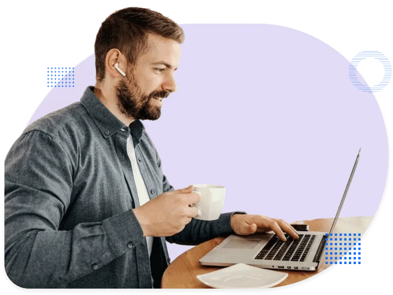 Man with earbuds and coffee cup joining a video call