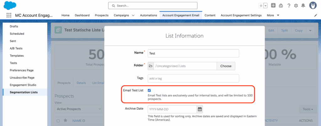 Eine Pardot-Liste mit aktivierter Option Email Test List