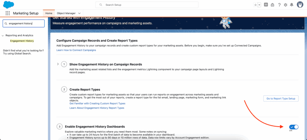Engagement History in Salesforce Marketing Setup, with the switch for Engagement History Dashboards turned on