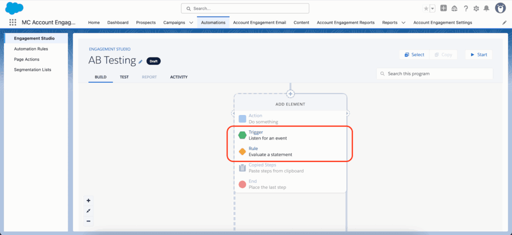 Adding an element to an Engagement Studio program, with Trigger and Rule highlighted