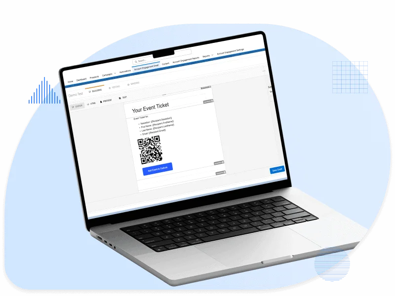 Laptop showing an email template with an event QR code
