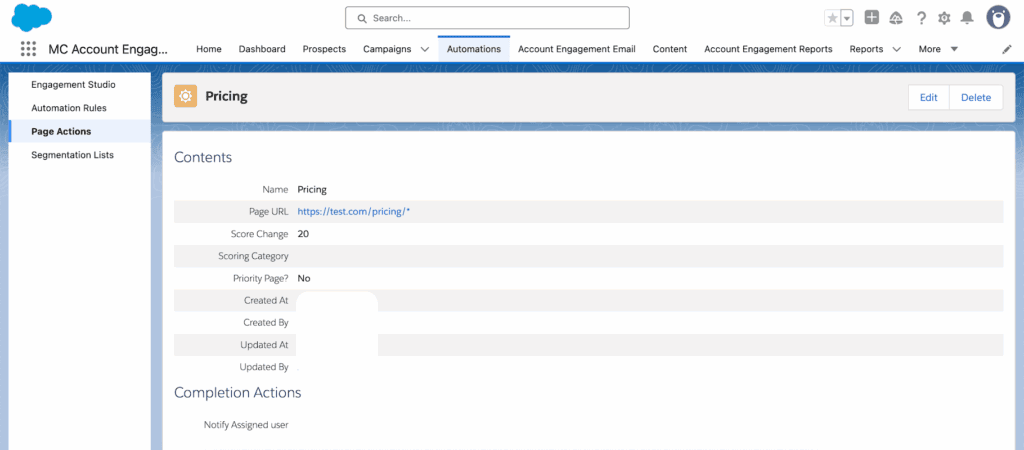 A Page Action named Pricing for the wildcard URL https://test.com/pricing/* with a score change of 20