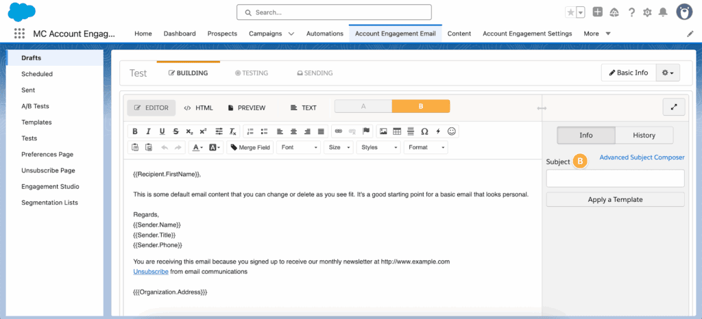 A Pardot email with an A/B test: version B of the email open in the editor