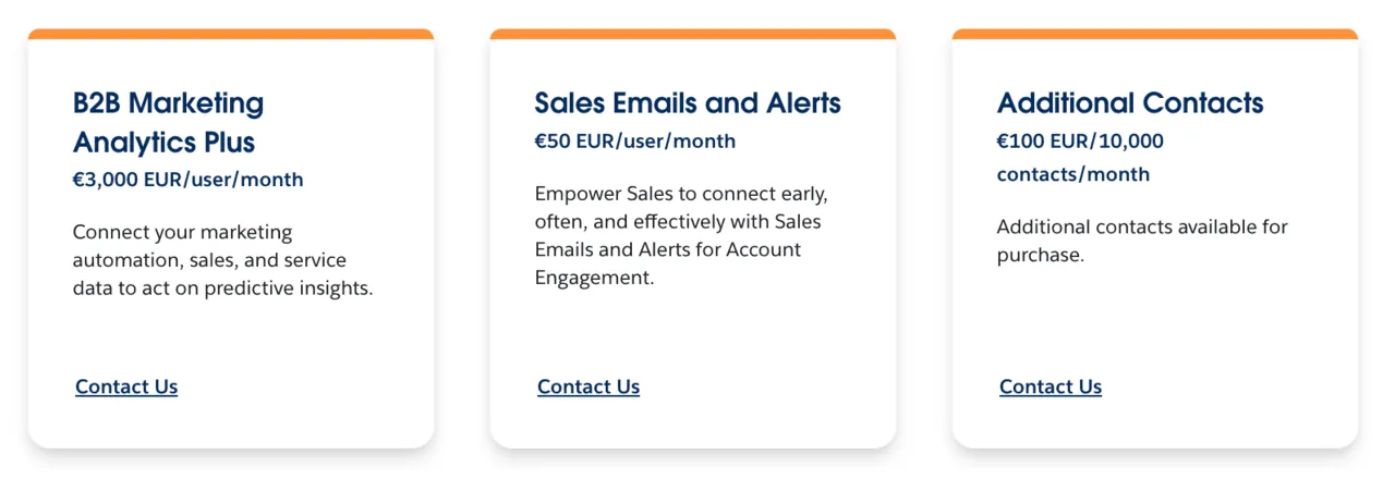 Pardot-Add-ons-Preise in EUR mit B2B Marketing Analytics Plus, Sales Emails and Alerts und zusätzlichen Kontakten