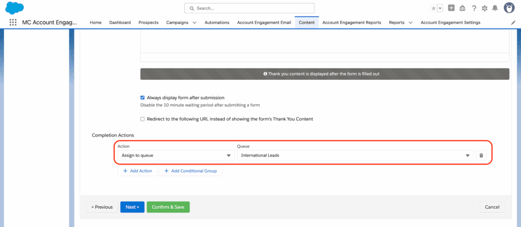 Completion action “Assign to queue” with the queue International Leads on an Account Engagement form
