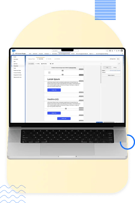 Open laptop showing the Pardot email template builder used in the automotive industry