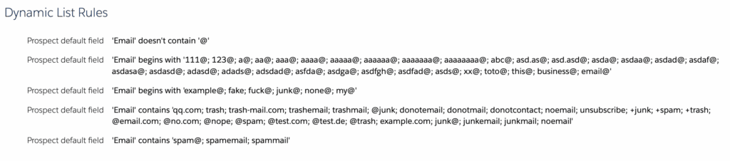 Dynamic list rules that catch invalid and throwaway email addresses