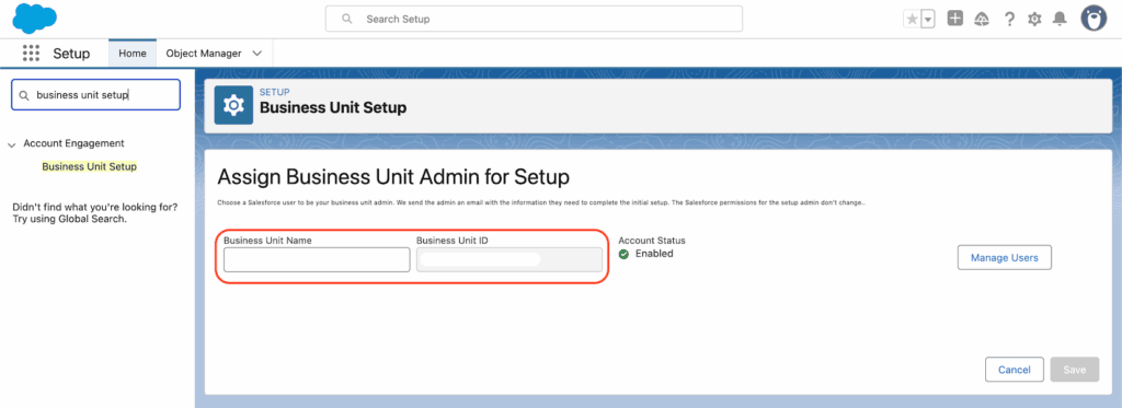 Business Unit Setup in Salesforce with the fields Business Unit Name and Business Unit ID highlighted