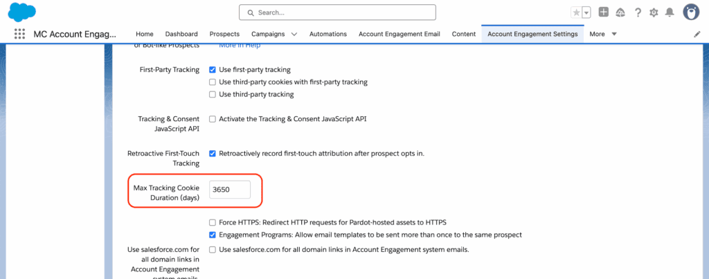 Tracking settings in Account Engagement with the maximum tracking cookie duration set to 3650 days