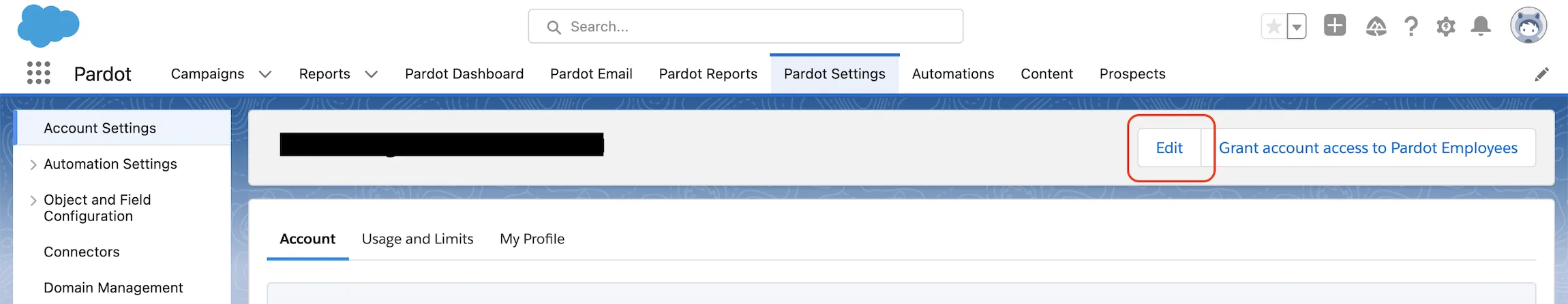 Pardot account settings with the Edit button highlighted