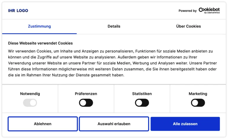 Example of a consent banner (Cookiebot, in German) with categories for necessary, preferences, statistics and marketing