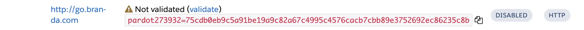 New tracker domain marked as not validated, with its validation key