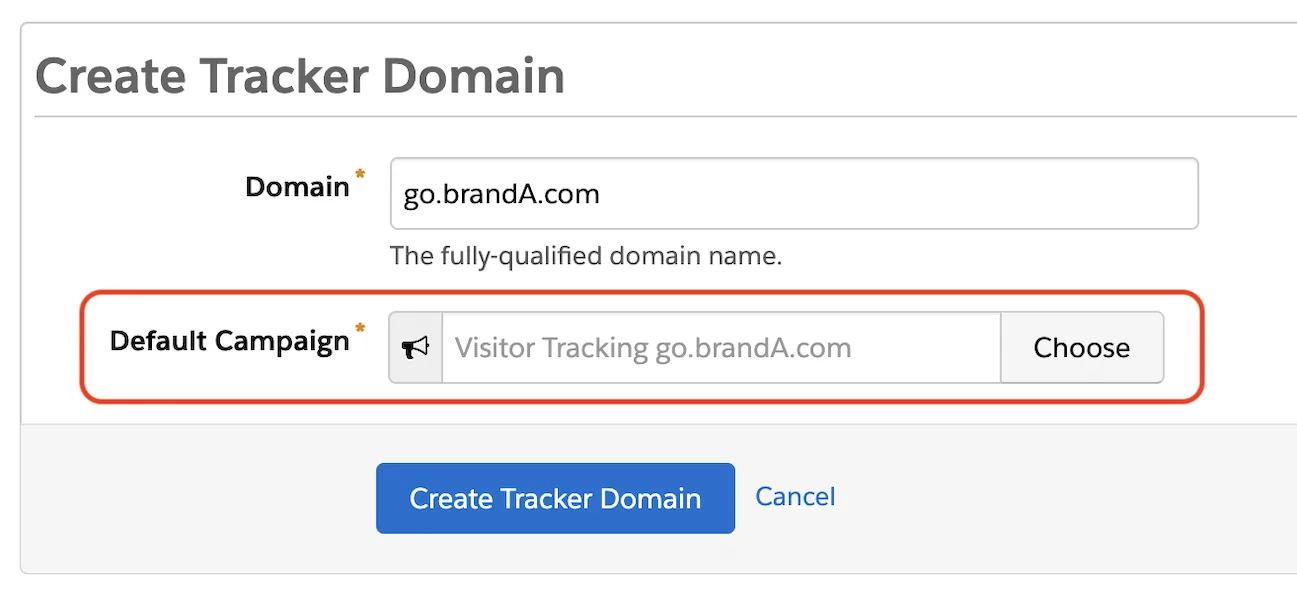 Create Tracker Domain form in Pardot with the Default Campaign field highlighted