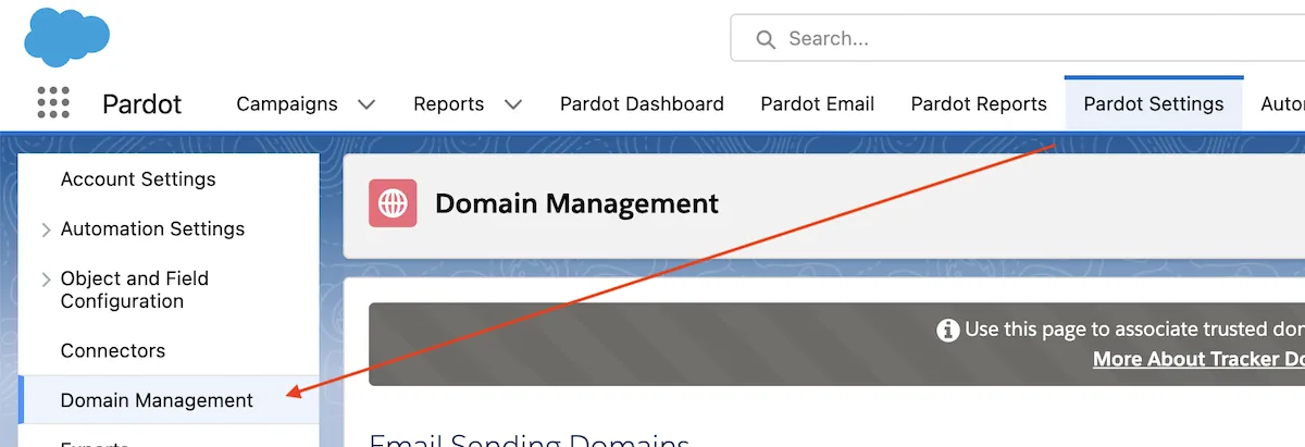 Pardot settings menu with Domain Management selected