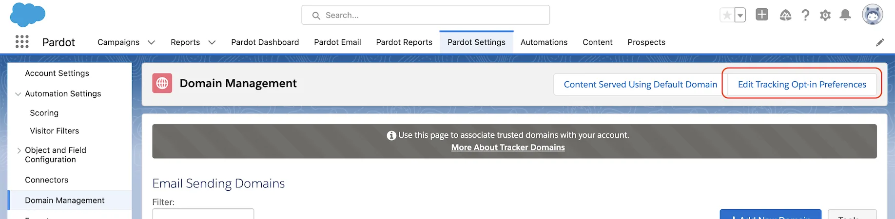 Domain Management page with the Edit Tracking Opt-in Preferences button highlighted