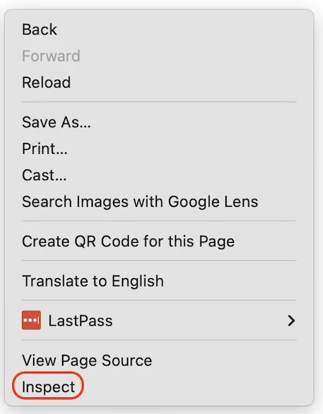 Browser context menu with Inspect highlighted