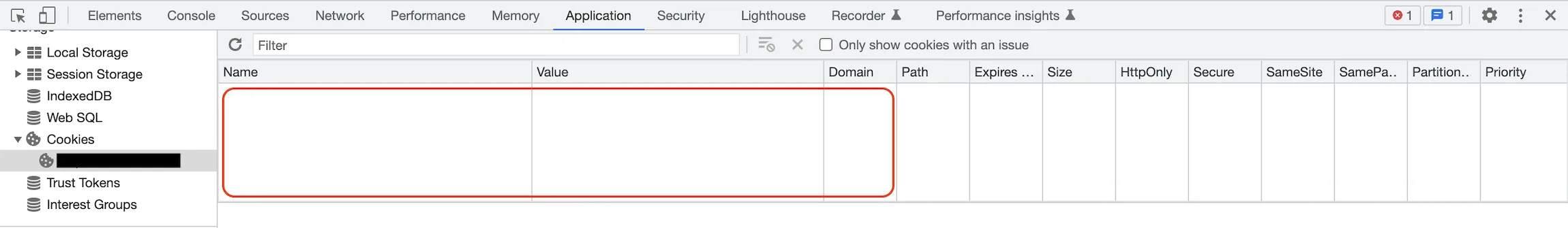 Application tab in the developer tools with no Pardot cookies set