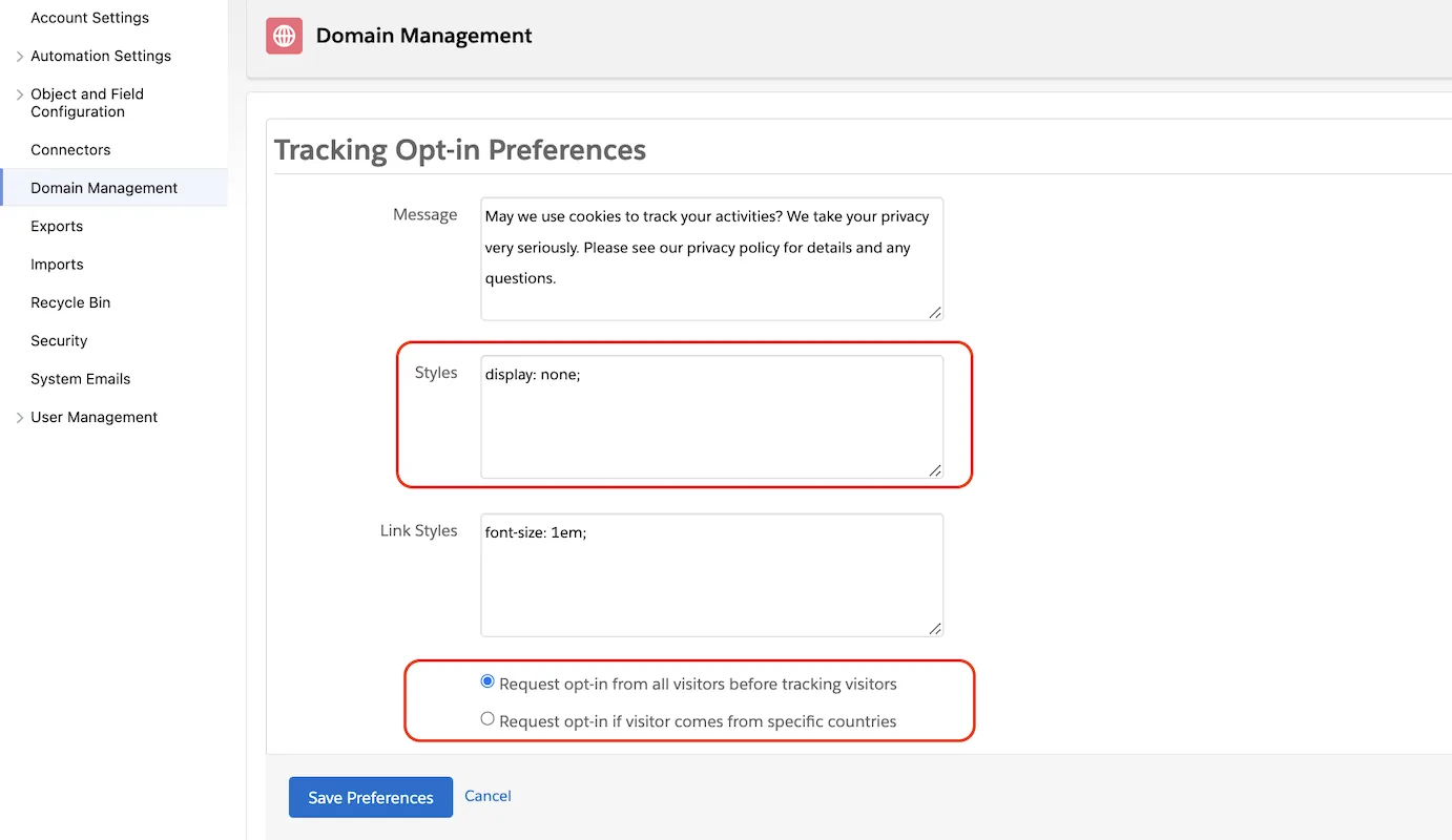 Tracking Opt-in Preferences with display none in the Styles field and opt-in requested from all visitors