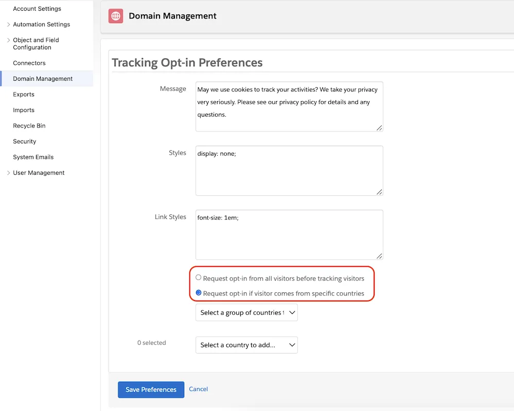 Opt-in option for specific countries selected with no countries chosen