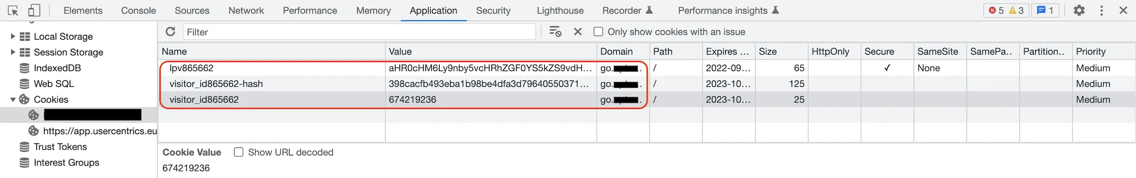 Application tab in the developer tools listing the Pardot cookies on the tracker domain