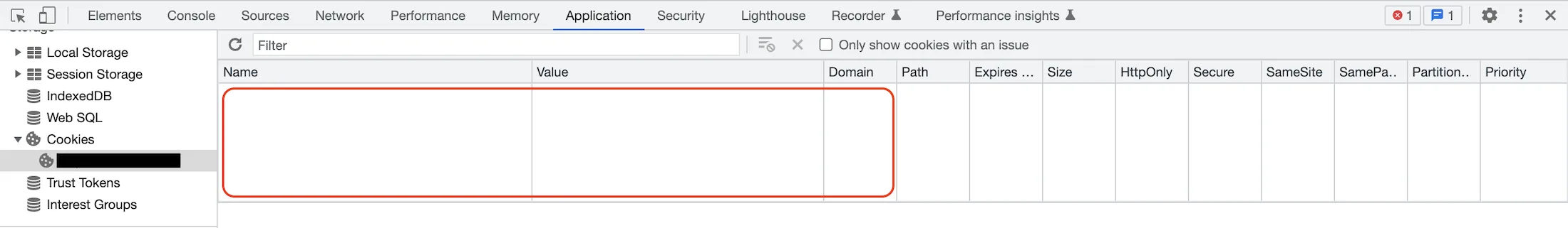 Browser developer tools with an empty cookie list for the tracked domain