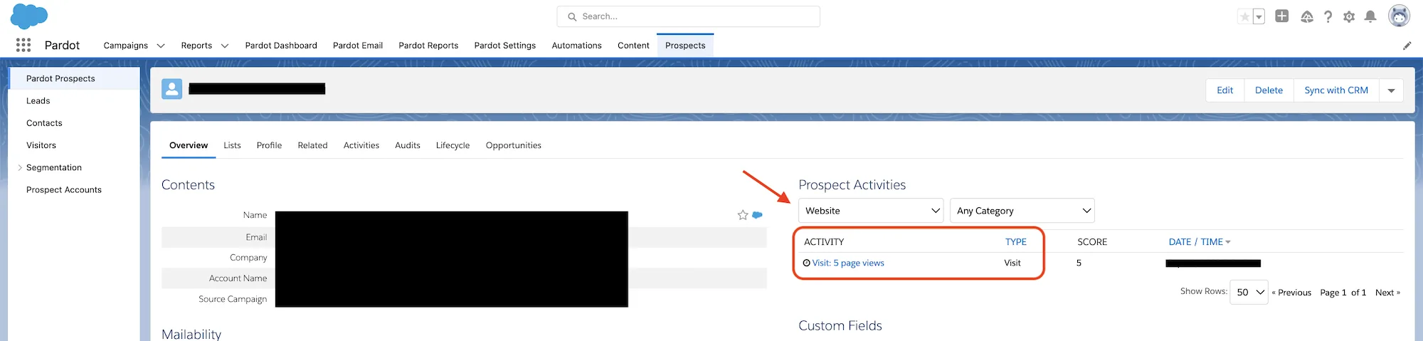 Prospect record with Prospect Activities filtered by Website, showing a visit with five page views