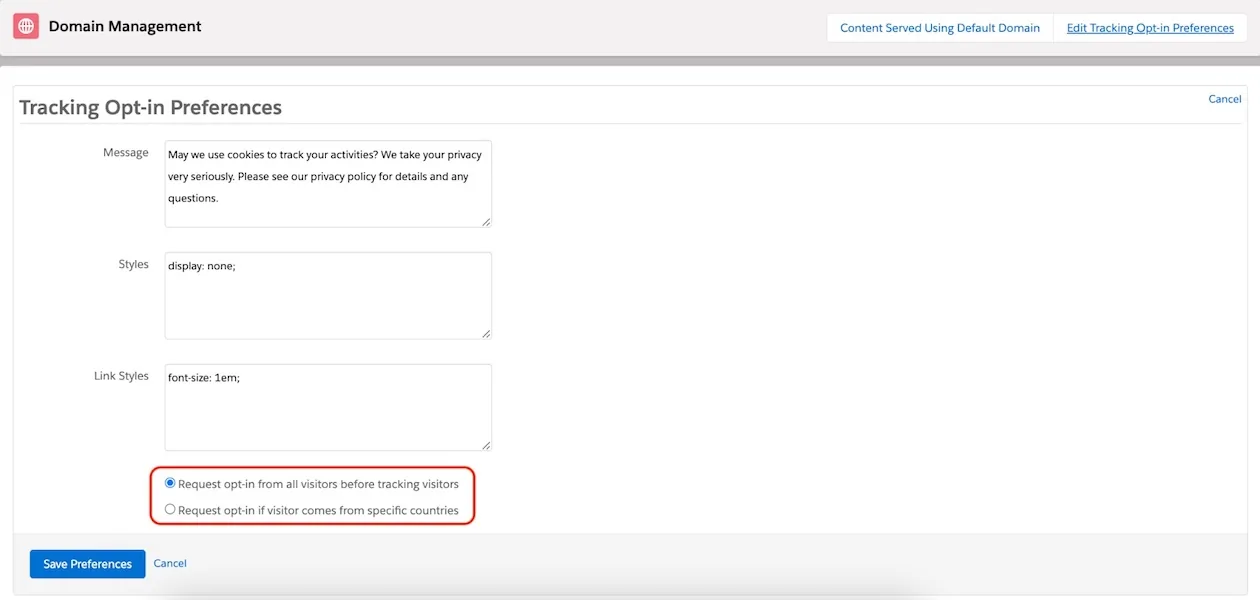 Tracking Opt-in Preferences with the two opt-in options highlighted