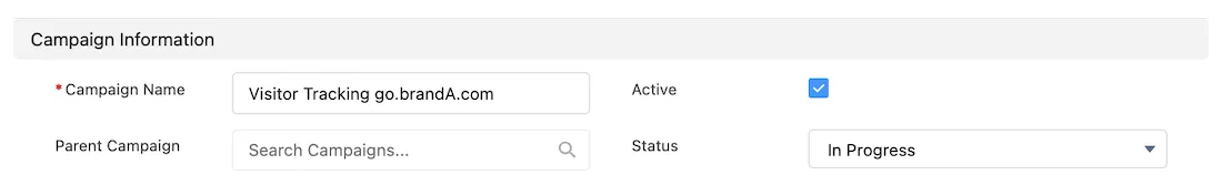 New Salesforce campaign named Visitor Tracking go.brandA.com, set to active