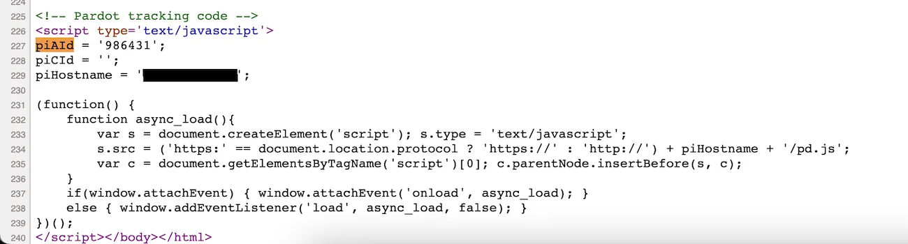 Page source showing the Pardot tracking code with piAId highlighted