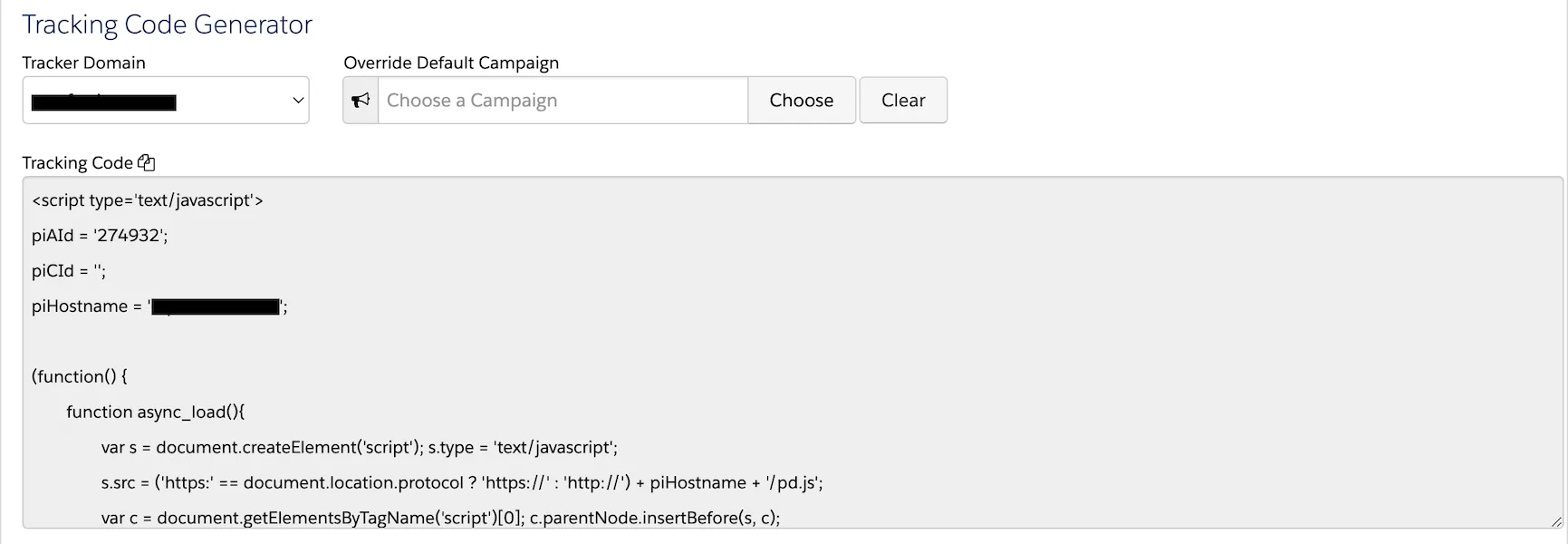 Tracking Code Generator with tracker domain selection, Override Default Campaign field and the generated code
