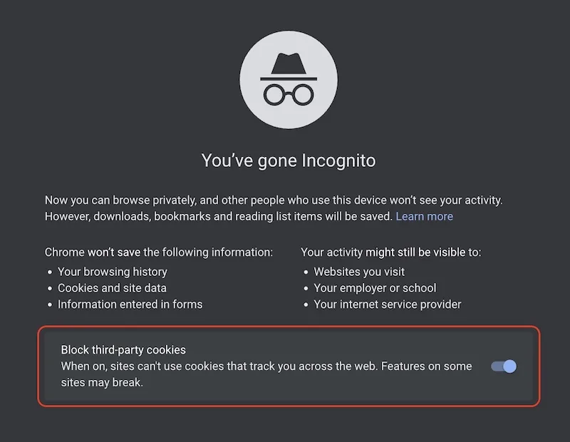Chrome Incognito start page with Block third-party cookies switched on
