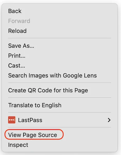 Browser context menu with View Page Source highlighted