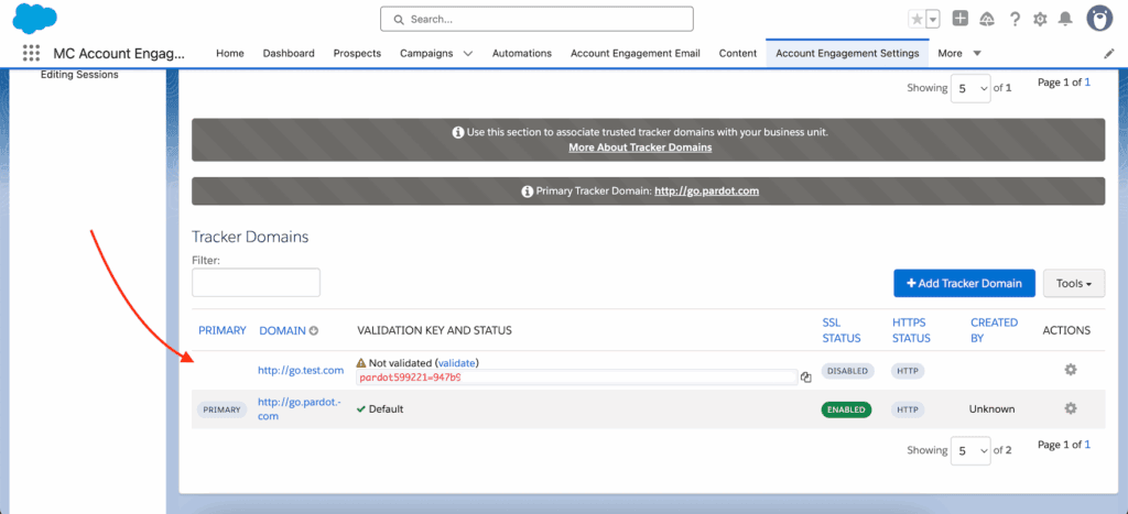 Tracker domains in Account Engagement: a new domain still waiting for validation next to the default go.pardot.com