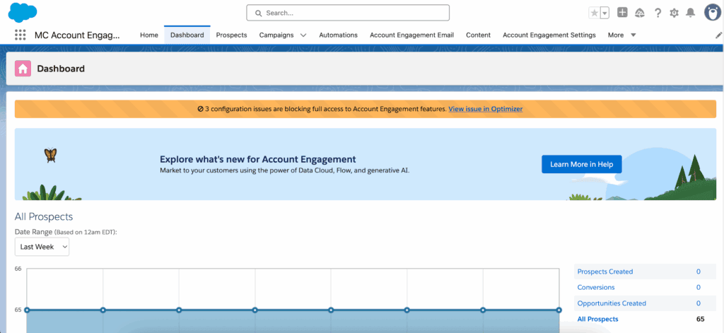 The Account Engagement dashboard with a notice about configuration issues found by the Optimizer