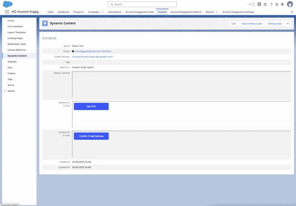 Pardot Dynamic Content editor showing content variations with custom field targeting and CTA buttons