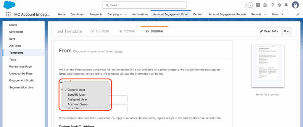 Sender options in a Pardot email template: general user, specific user, assigned user or account owner