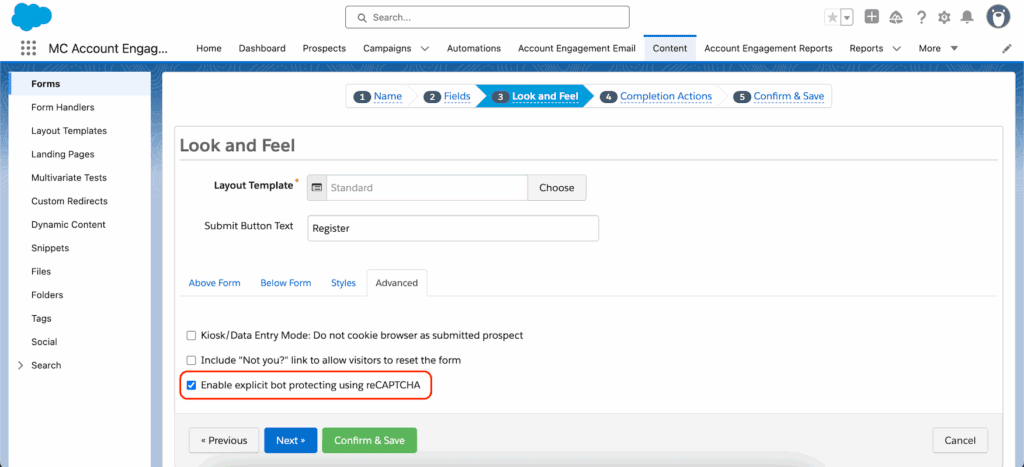 The Pardot form wizard with the option to enable bot protection using reCAPTCHA