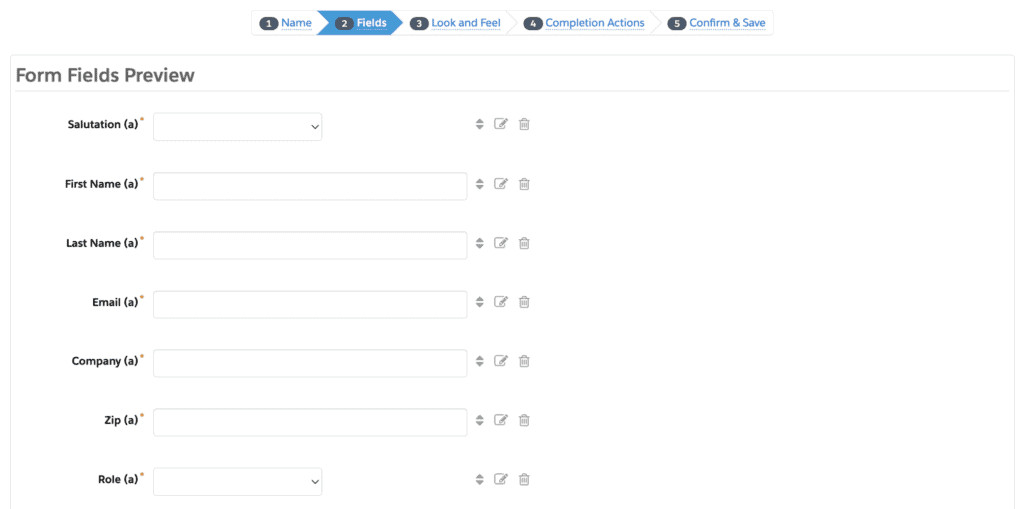 Pardot form fields preview in English, displaying input fields for salutation, first name, last name, email, company, zip code, and role