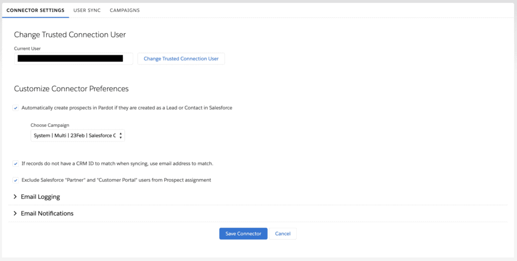 Pardot-Salesforce-Connector-Einstellungen mit Kampagnen- und Prospect-Synchronisationsoptionen
