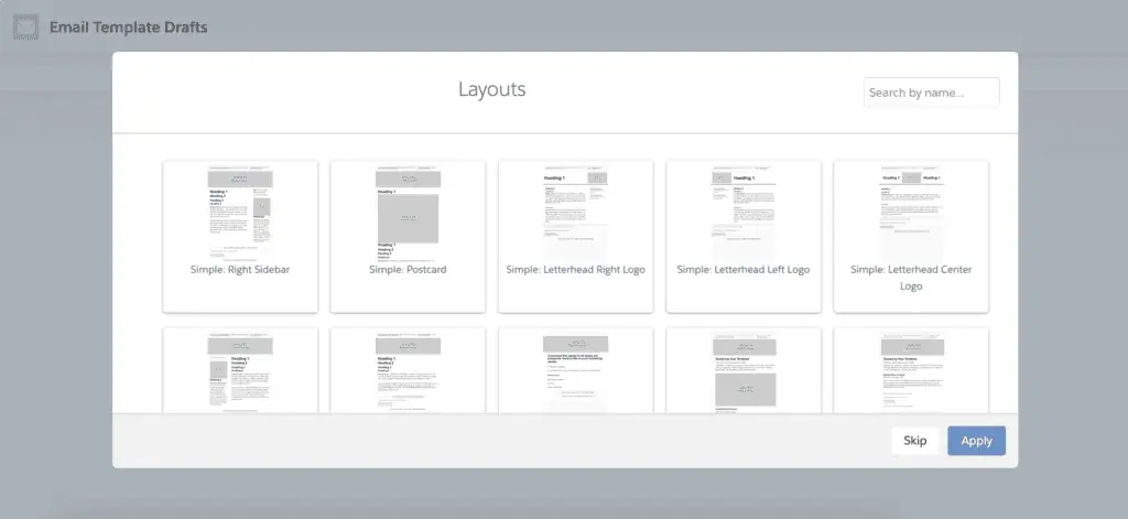 Pardot email template drafts with various layouts