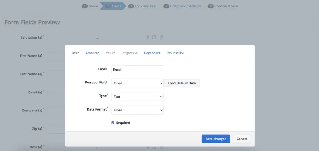 Pardot form fields preview with advanced options